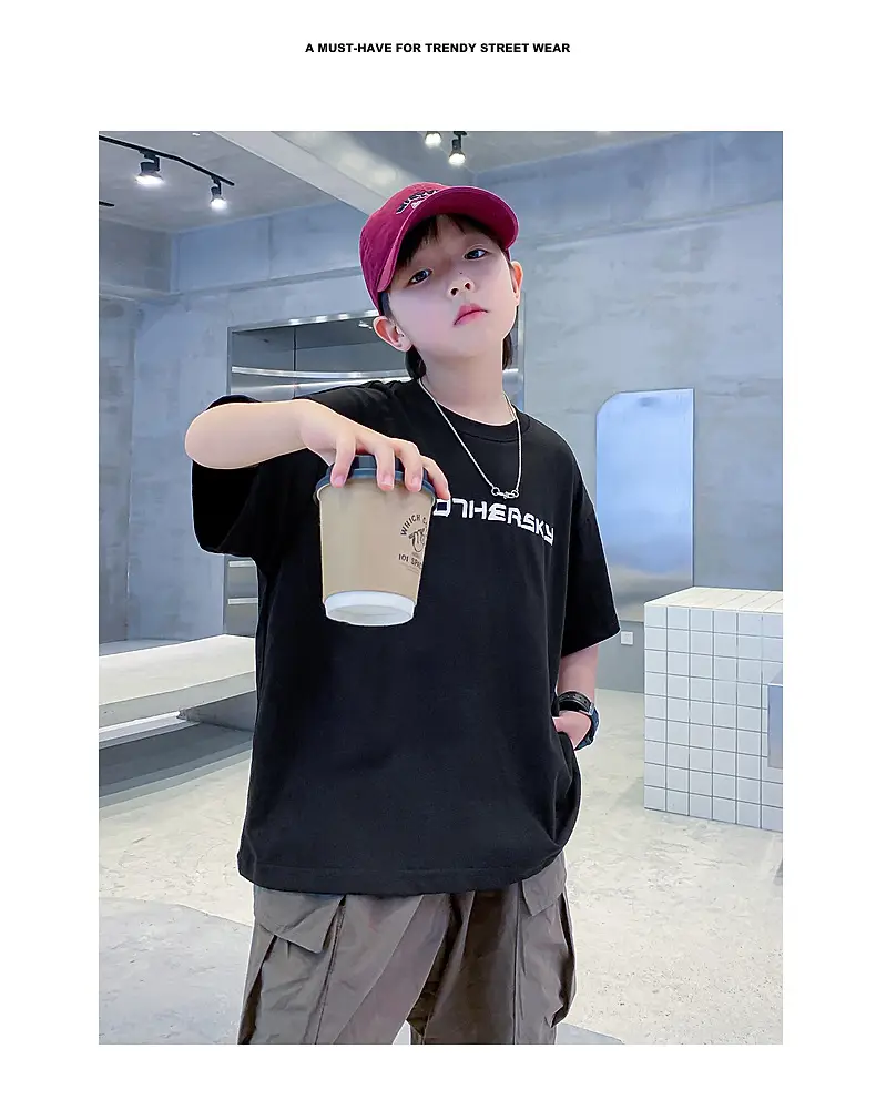 Boys Black Cotton T-Shirt 2026 Summer Loose Fit — feature 2