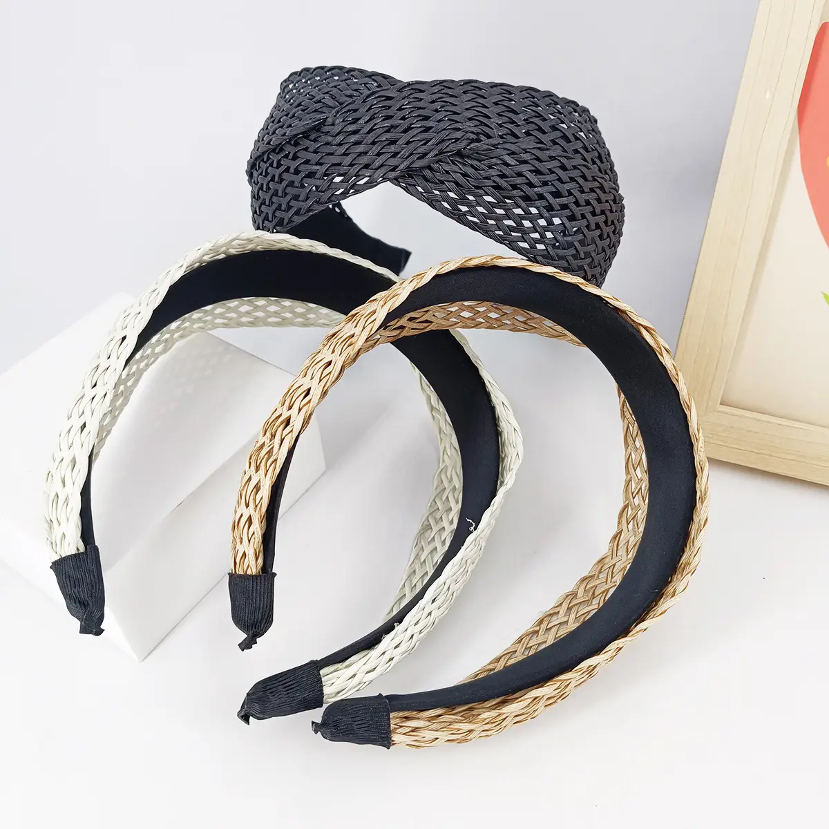 Black Hollow Rattan Wide Brim Headband for Women