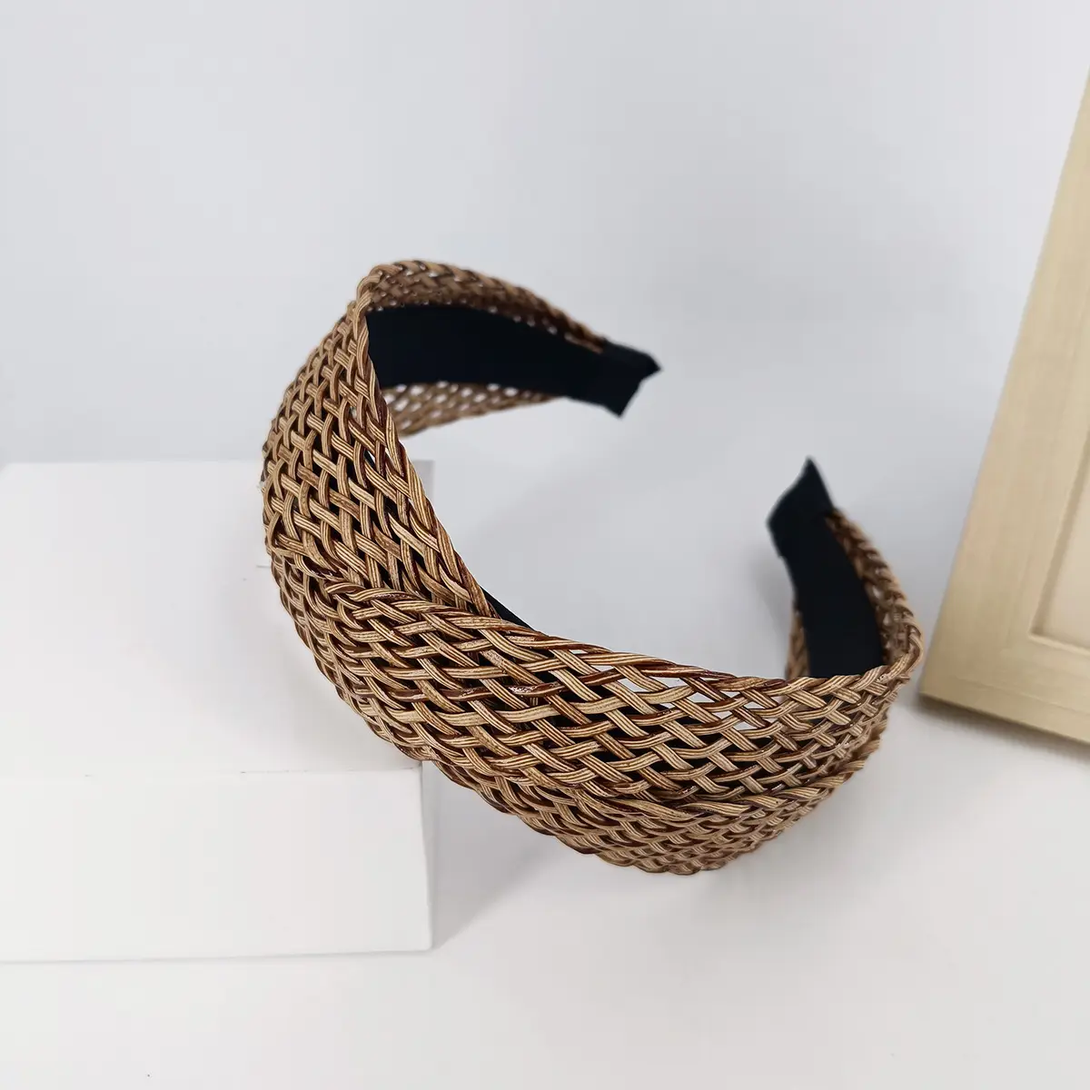 Black Hollow Rattan Wide Brim Headband for Women