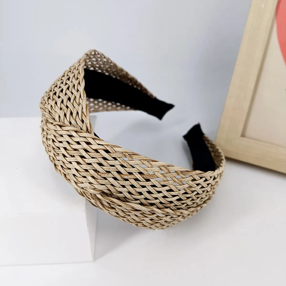 Black Hollow Rattan Wide Brim Headband for Women