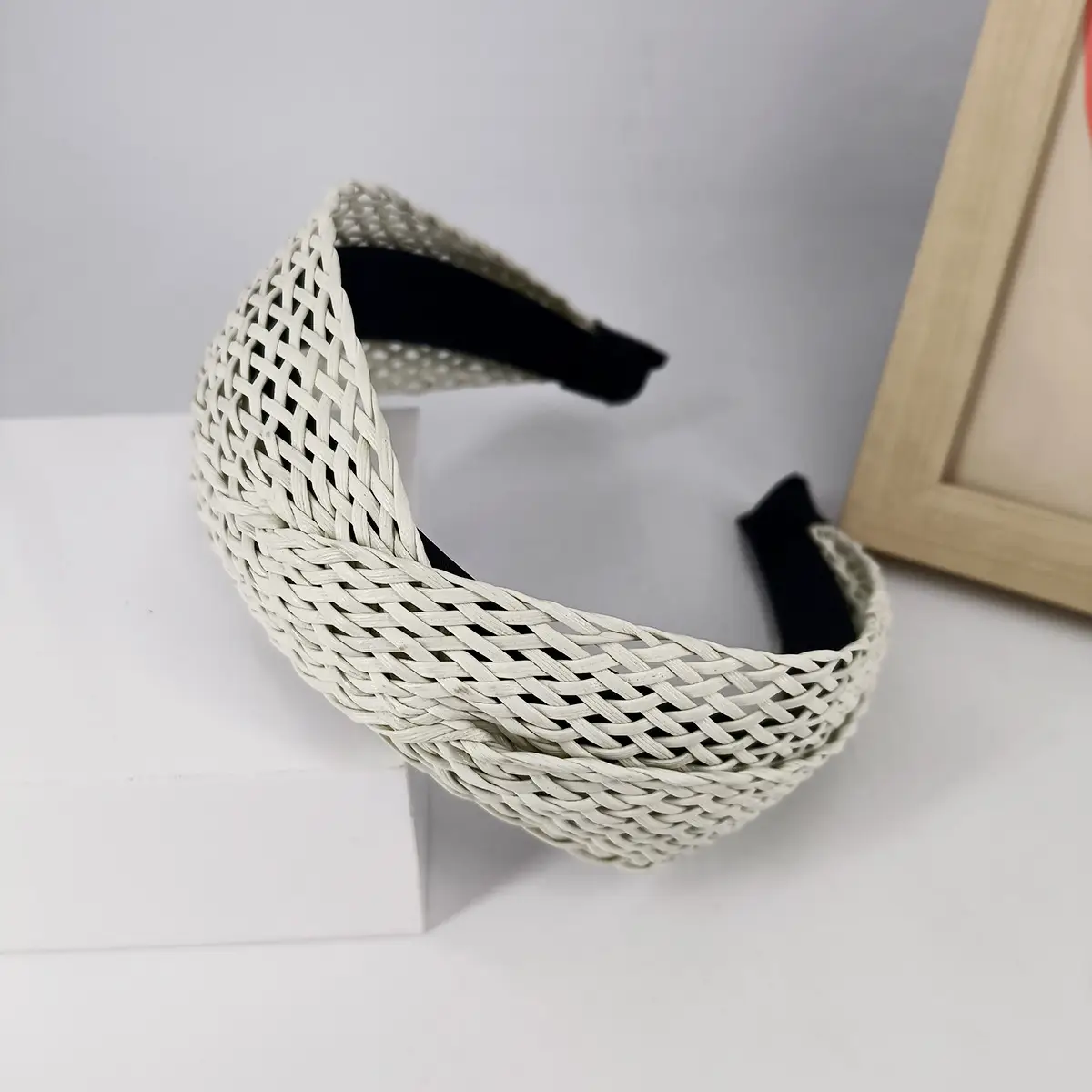 Black Hollow Rattan Wide Brim Headband for Women