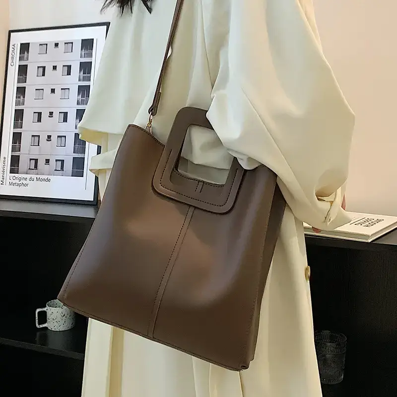 Korean Style Brown Leather Bucket Bag 2022 - Image 8