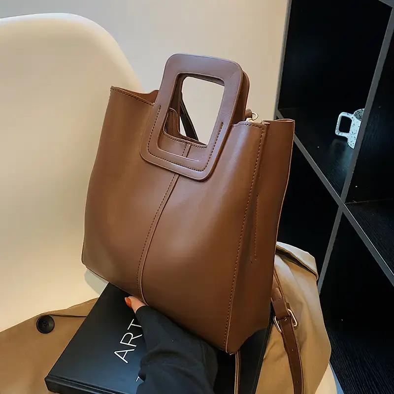 Korean Style Brown Leather Bucket Bag 2022 - Image 4