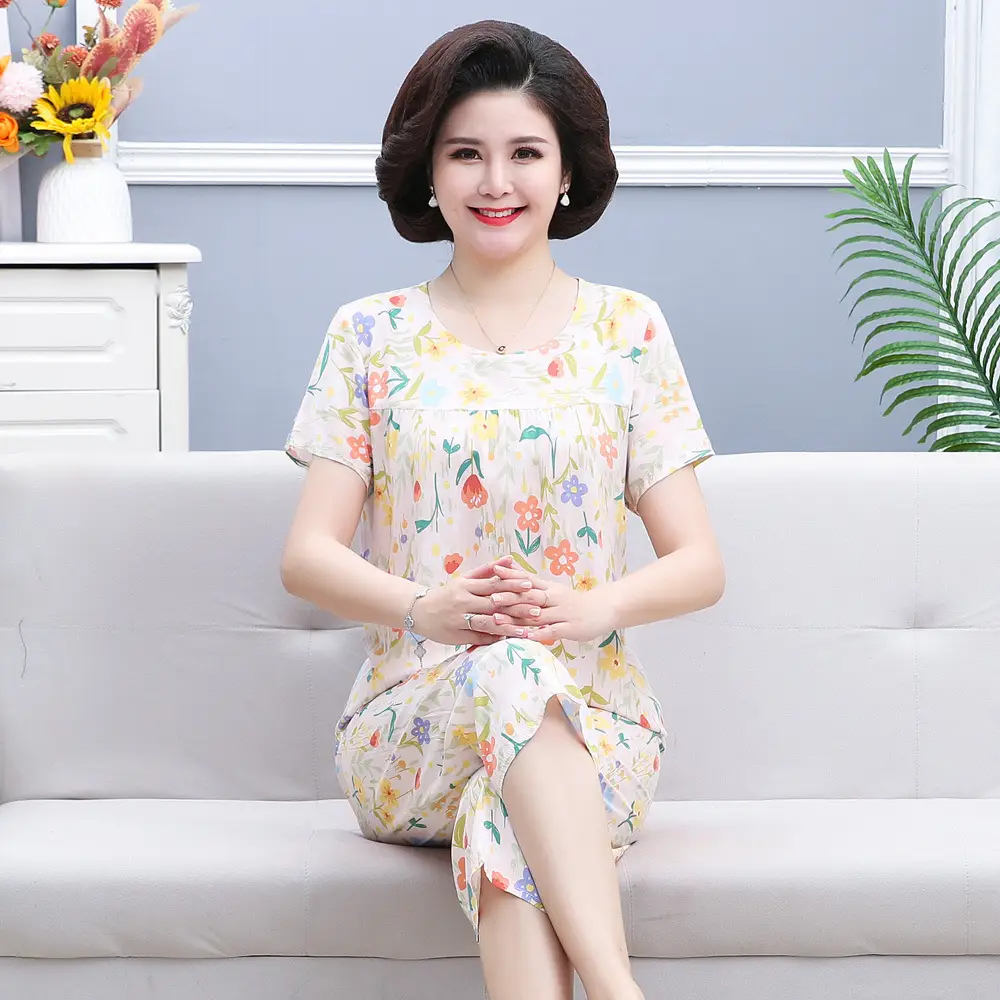 45 High Density Middle-aged and Elderly People's Cotton Silk Pajamas Women's Home Clothes suit Artificial Cotton Summer Thin Short-sleeved Mother's Clothes