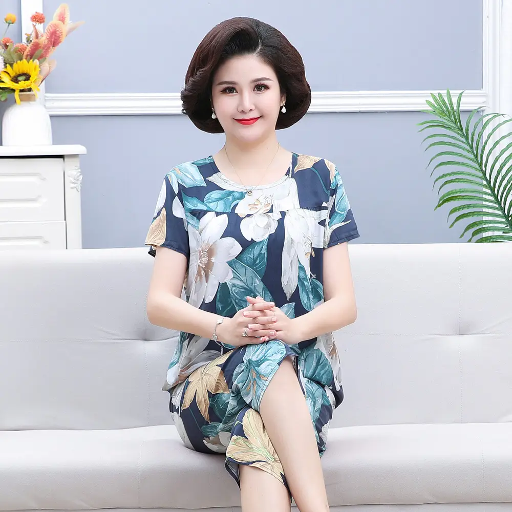 45 High Density Middle-aged and Elderly People's Cotton Silk Pajamas Women's Home Clothes suit Artificial Cotton Summer Thin Short-sleeved Mother's Clothes