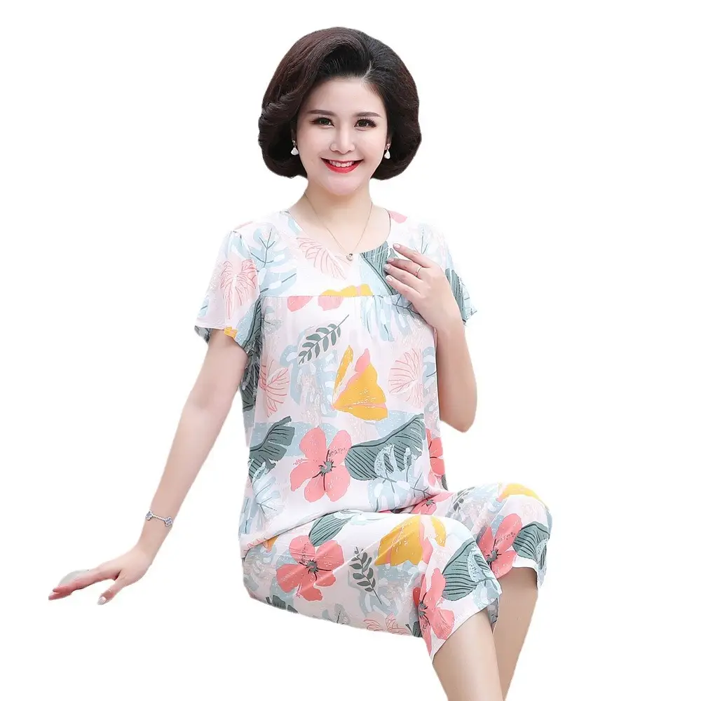 45 High Density Middle-aged and Elderly People's Cotton Silk Pajamas Women's Home Clothes suit Artificial Cotton Summer Thin Short-sleeved Mother's Clothes