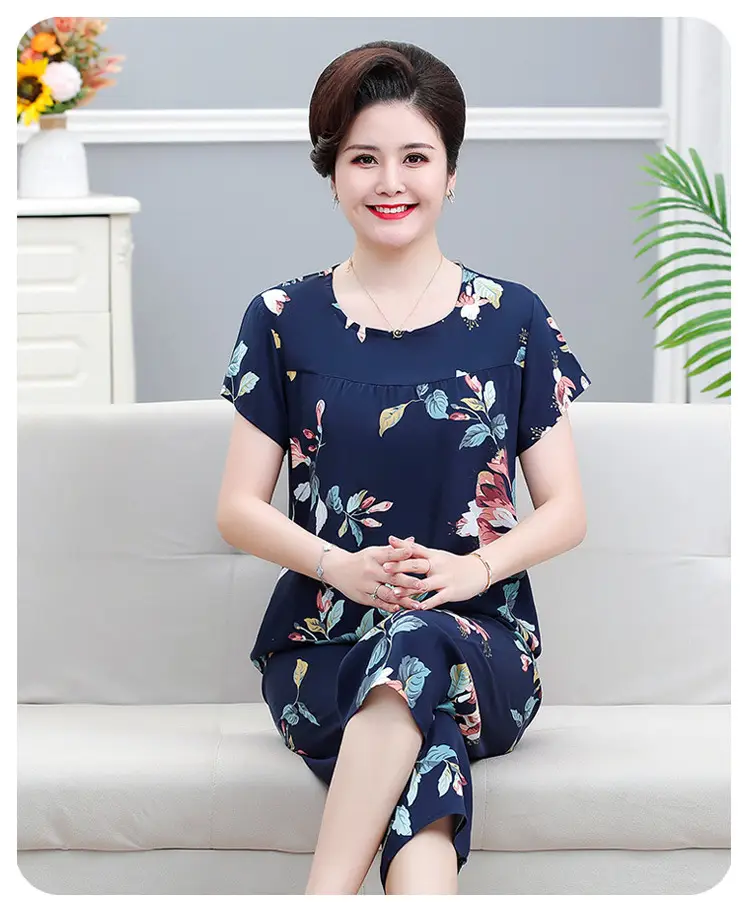 45 High Density Middle-aged and Elderly People's Cotton Silk Pajamas Women's Home Clothes suit Artificial Cotton Summer Thin Short-sleeved Mother's Clothes — feature 12