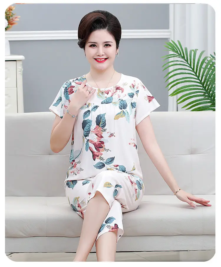 45 High Density Middle-aged and Elderly People's Cotton Silk Pajamas Women's Home Clothes suit Artificial Cotton Summer Thin Short-sleeved Mother's Clothes — feature 13