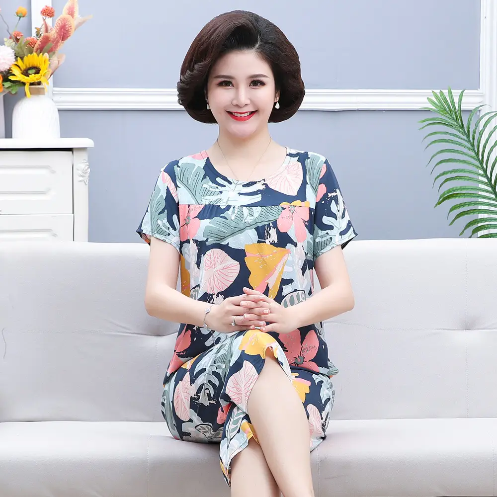 45 High Density Middle-aged and Elderly People's Cotton Silk Pajamas Women's Home Clothes suit Artificial Cotton Summer Thin Short-sleeved Mother's Clothes — feature 19