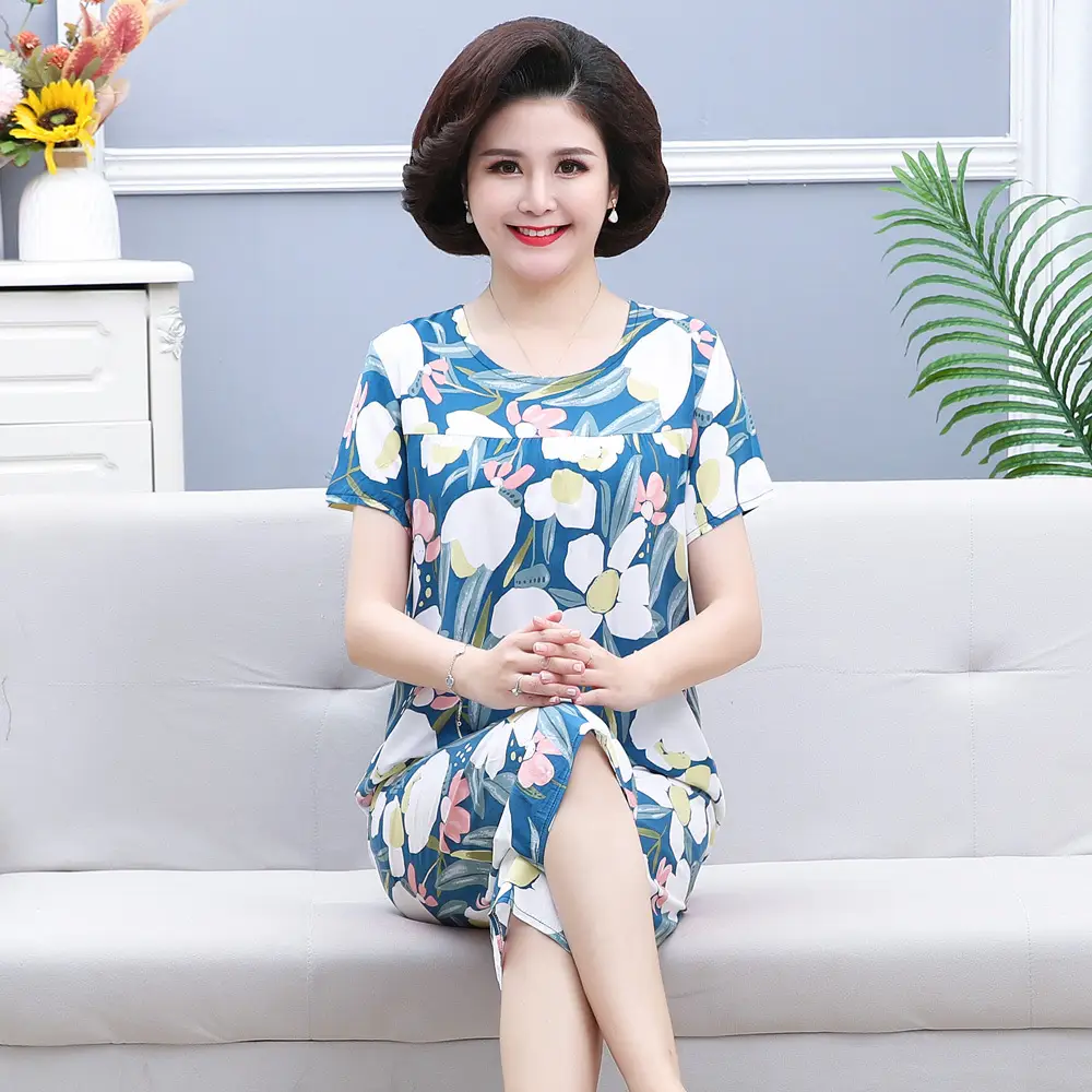 45 High Density Middle-aged and Elderly People's Cotton Silk Pajamas Women's Home Clothes suit Artificial Cotton Summer Thin Short-sleeved Mother's Clothes — feature 20