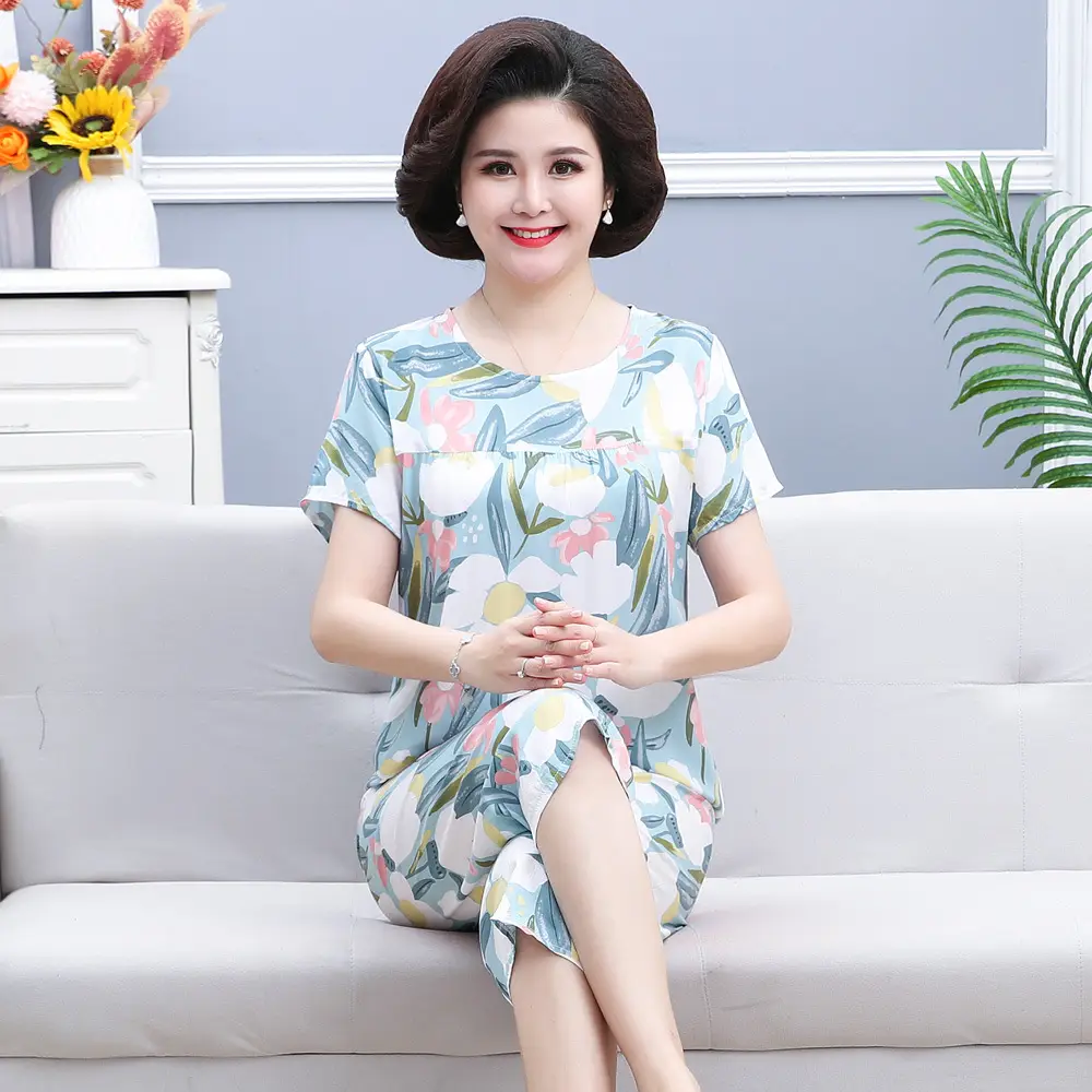 45 High Density Middle-aged and Elderly People's Cotton Silk Pajamas Women's Home Clothes suit Artificial Cotton Summer Thin Short-sleeved Mother's Clothes — feature 22