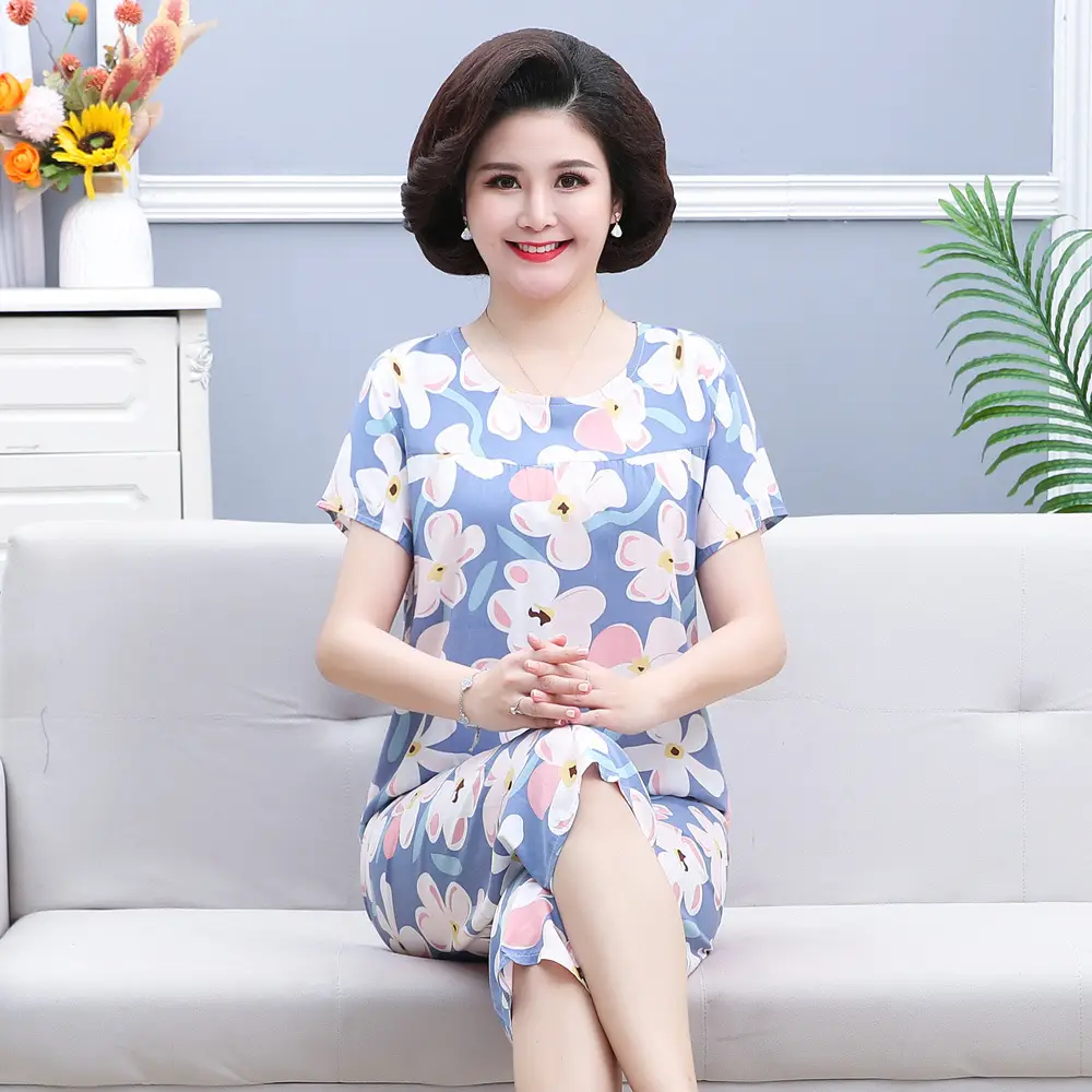 45 High Density Middle-aged and Elderly People's Cotton Silk Pajamas Women's Home Clothes suit Artificial Cotton Summer Thin Short-sleeved Mother's Clothes — feature 24