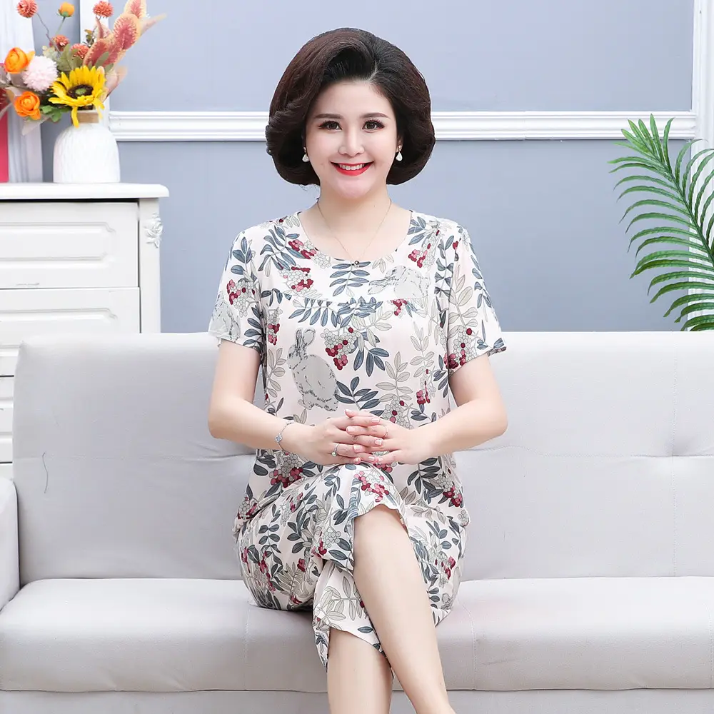 45 High Density Middle-aged and Elderly People's Cotton Silk Pajamas Women's Home Clothes suit Artificial Cotton Summer Thin Short-sleeved Mother's Clothes