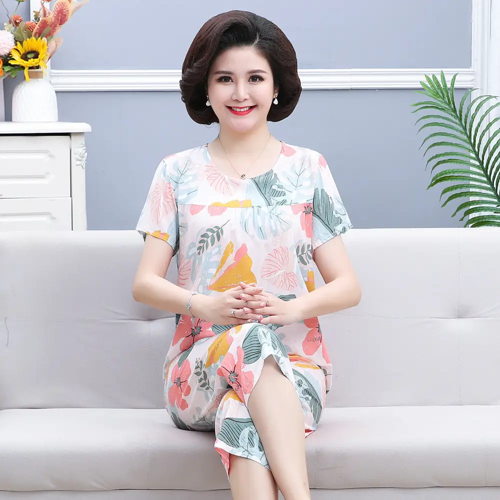 45 High Density Middle-aged and Elderly People's Cotton Silk Pajamas Women's Home Clothes suit Artificial Cotton Summer Thin Short-sleeved Mother's Clothes
