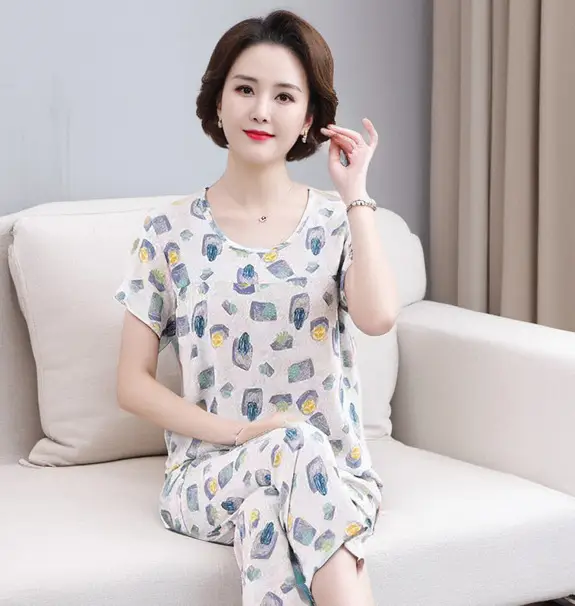 45 High Density Middle-aged and Elderly People's Cotton Silk Pajamas Women's Home Clothes suit Artificial Cotton Summer Thin Short-sleeved Mother's Clothes