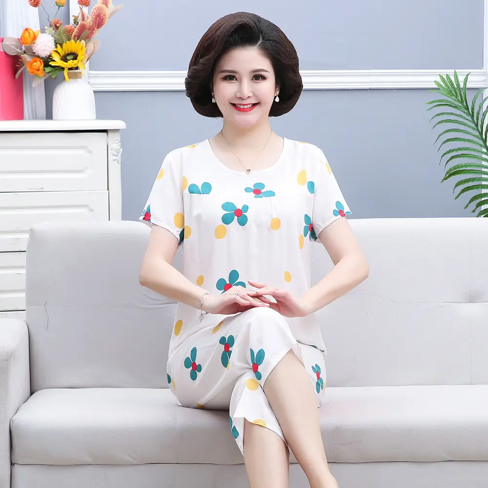 45 High Density Middle-aged and Elderly People's Cotton Silk Pajamas Women's Home Clothes suit Artificial Cotton Summer Thin Short-sleeved Mother's Clothes — feature 23