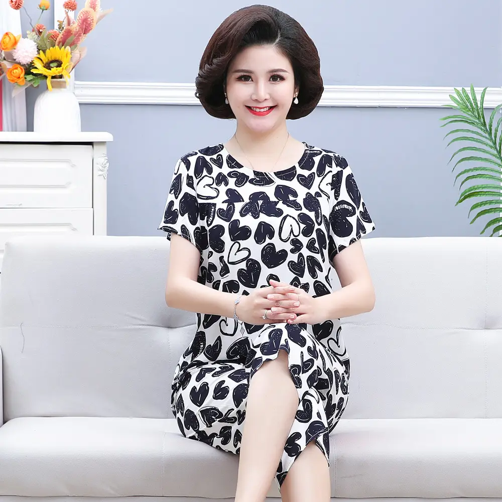 45 High Density Middle-aged and Elderly People's Cotton Silk Pajamas Women's Home Clothes suit Artificial Cotton Summer Thin Short-sleeved Mother's Clothes