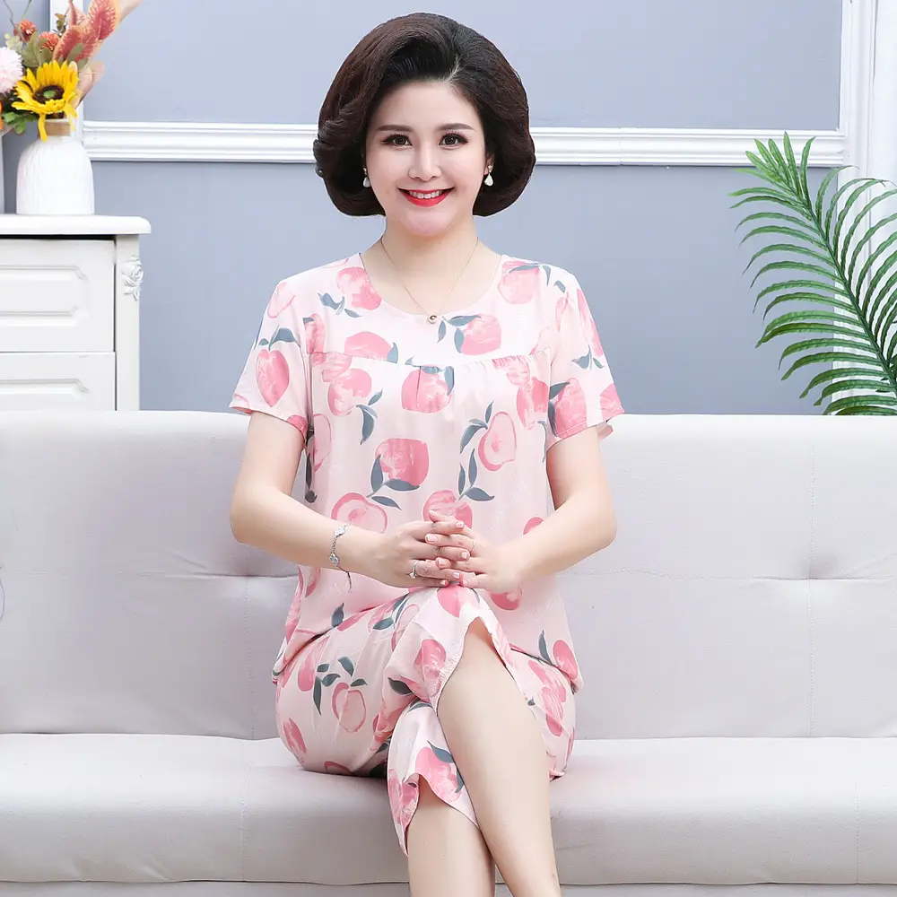45 High Density Middle-aged and Elderly People's Cotton Silk Pajamas Women's Home Clothes suit Artificial Cotton Summer Thin Short-sleeved Mother's Clothes