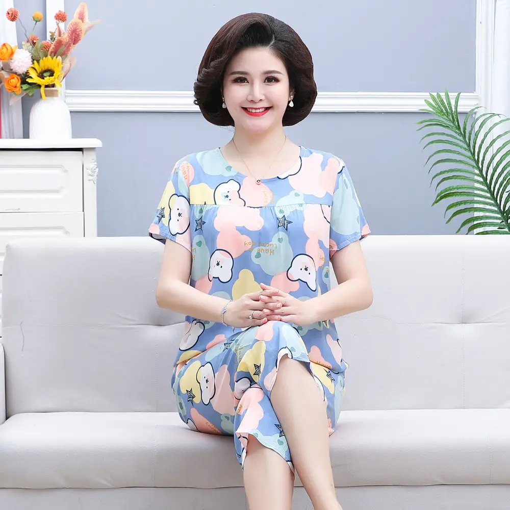 45 High Density Middle-aged and Elderly People's Cotton Silk Pajamas Women's Home Clothes suit Artificial Cotton Summer Thin Short-sleeved Mother's Clothes