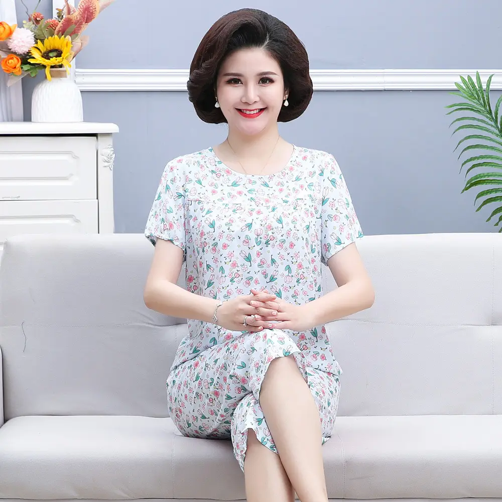 45 High Density Middle-aged and Elderly People's Cotton Silk Pajamas Women's Home Clothes suit Artificial Cotton Summer Thin Short-sleeved Mother's Clothes