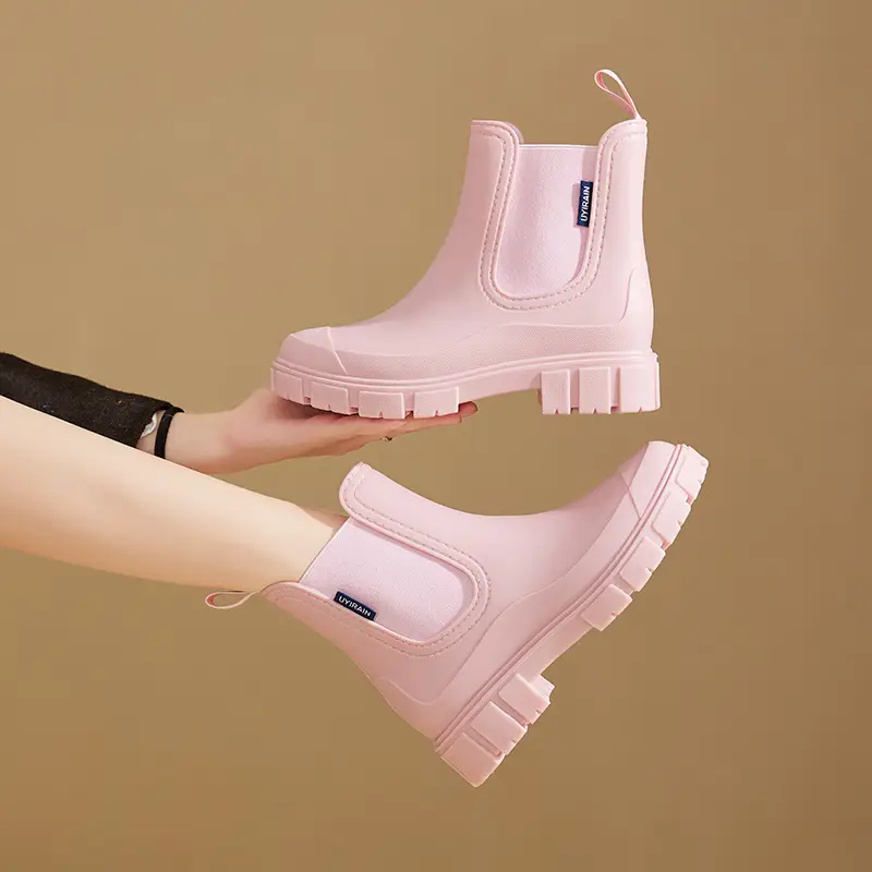 New Elastic Mouth Women's Rain Boots, Medium and Low Tube Thick Sole Heightening Water Shoes, Non-Slip Wear-Resistant Outdoor Waterproof Solid Color Rain Boots - Image 7