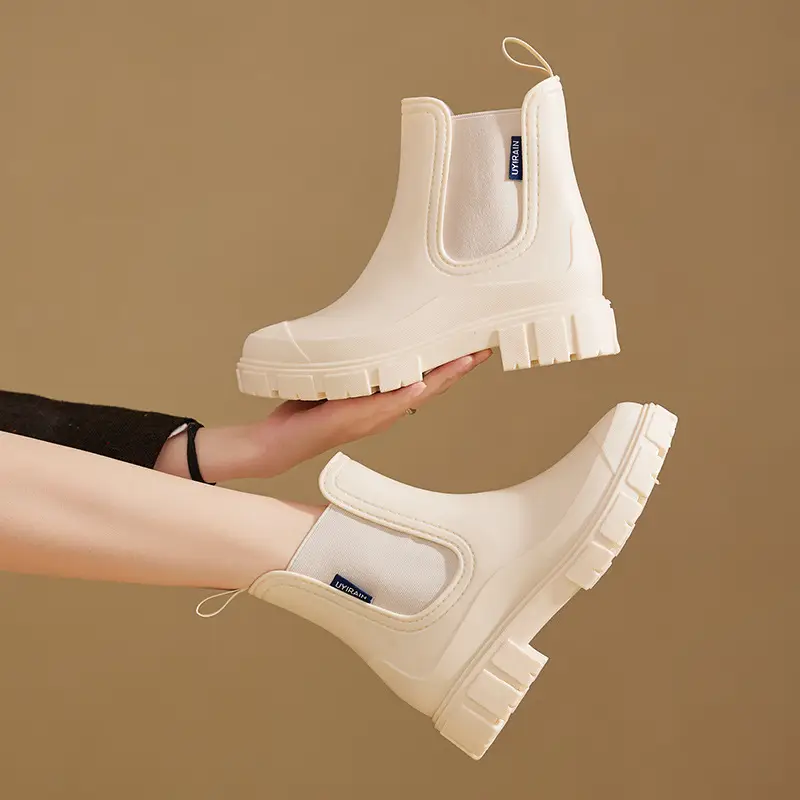 New Elastic Mouth Women's Rain Boots, Medium and Low Tube Thick Sole Heightening Water Shoes, Non-Slip Wear-Resistant Outdoor Waterproof Solid Color Rain Boots - Image 2
