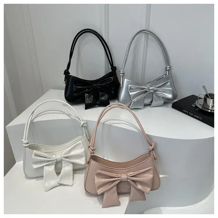Women's Silver Bow Patent Leather Shoulder Bag 2025 - Image 6