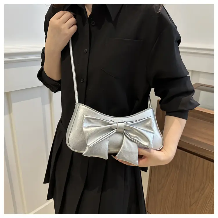 Women's Silver Bow Patent Leather Shoulder Bag 2025 - Image 8