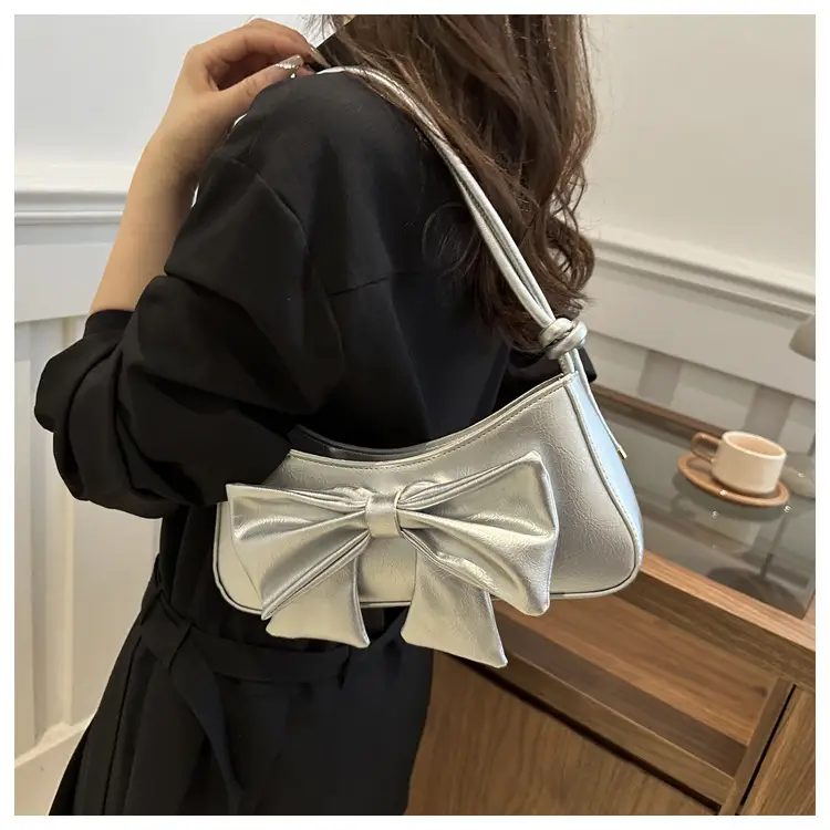 Women's Silver Bow Patent Leather Shoulder Bag 2025 — feature 10