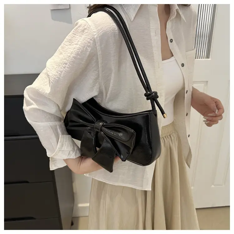 Women's Silver Bow Patent Leather Shoulder Bag 2025 — feature 19