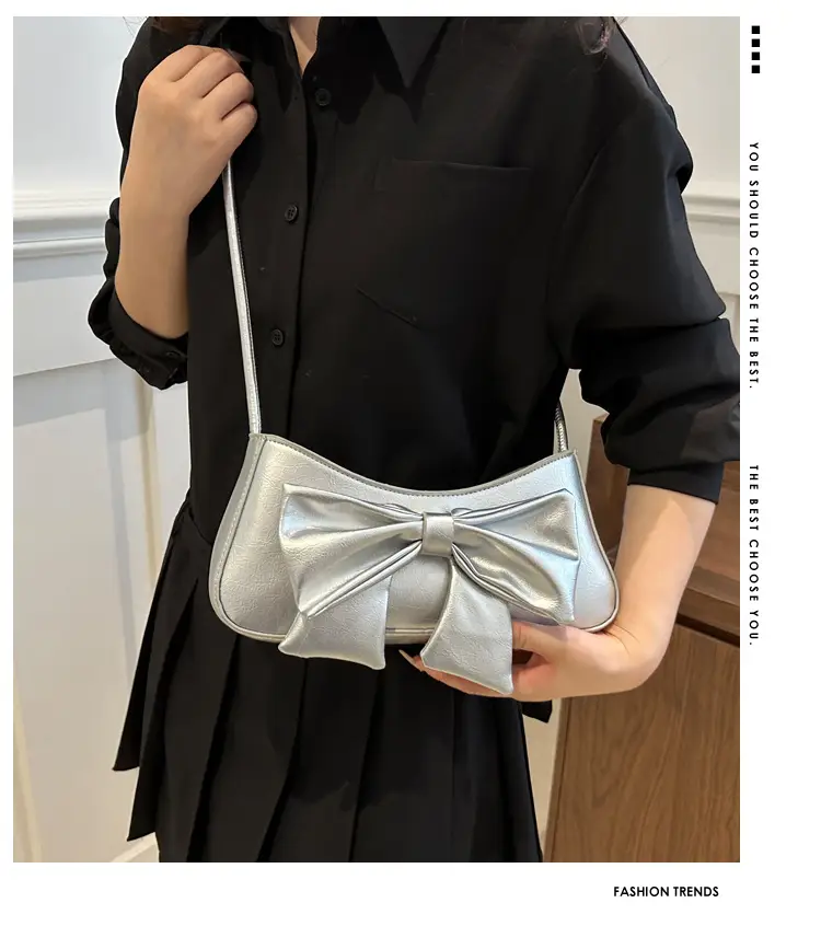 Women's Silver Bow Patent Leather Shoulder Bag 2025 — feature 2