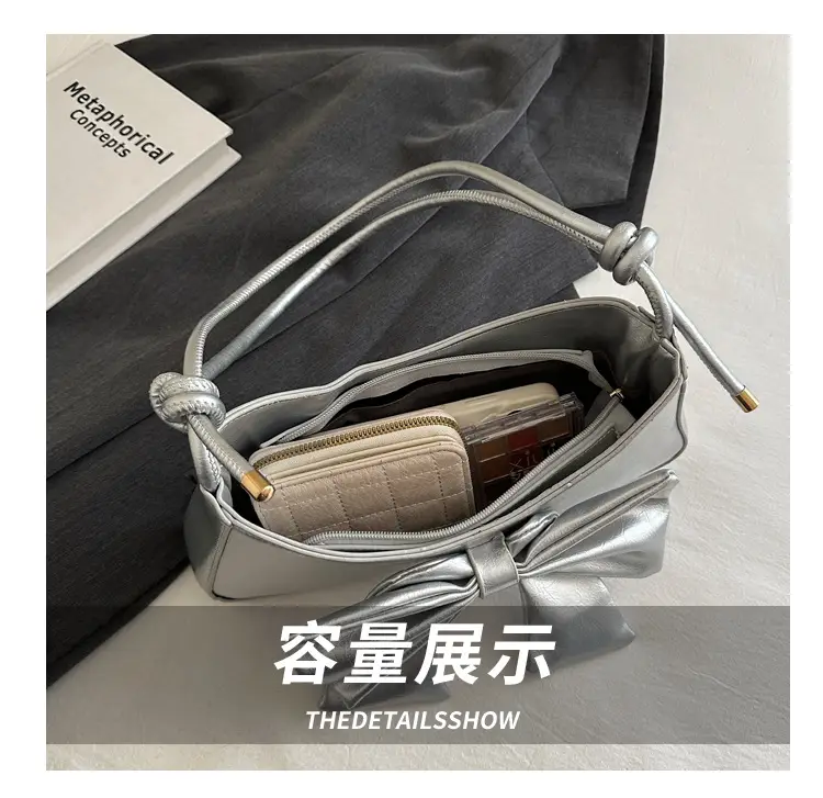Women's Silver Bow Patent Leather Shoulder Bag 2025 — feature 7