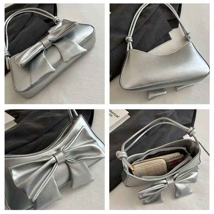 Women's Silver Bow Patent Leather Shoulder Bag 2025 — feature 8