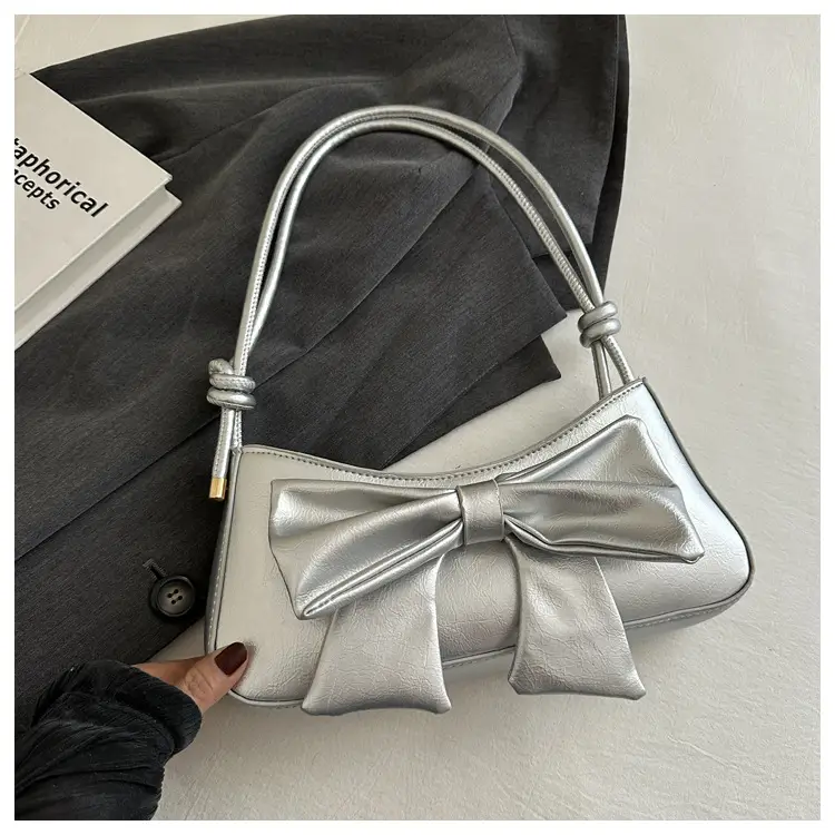 Women's Silver Bow Patent Leather Shoulder Bag 2025 - Image 4