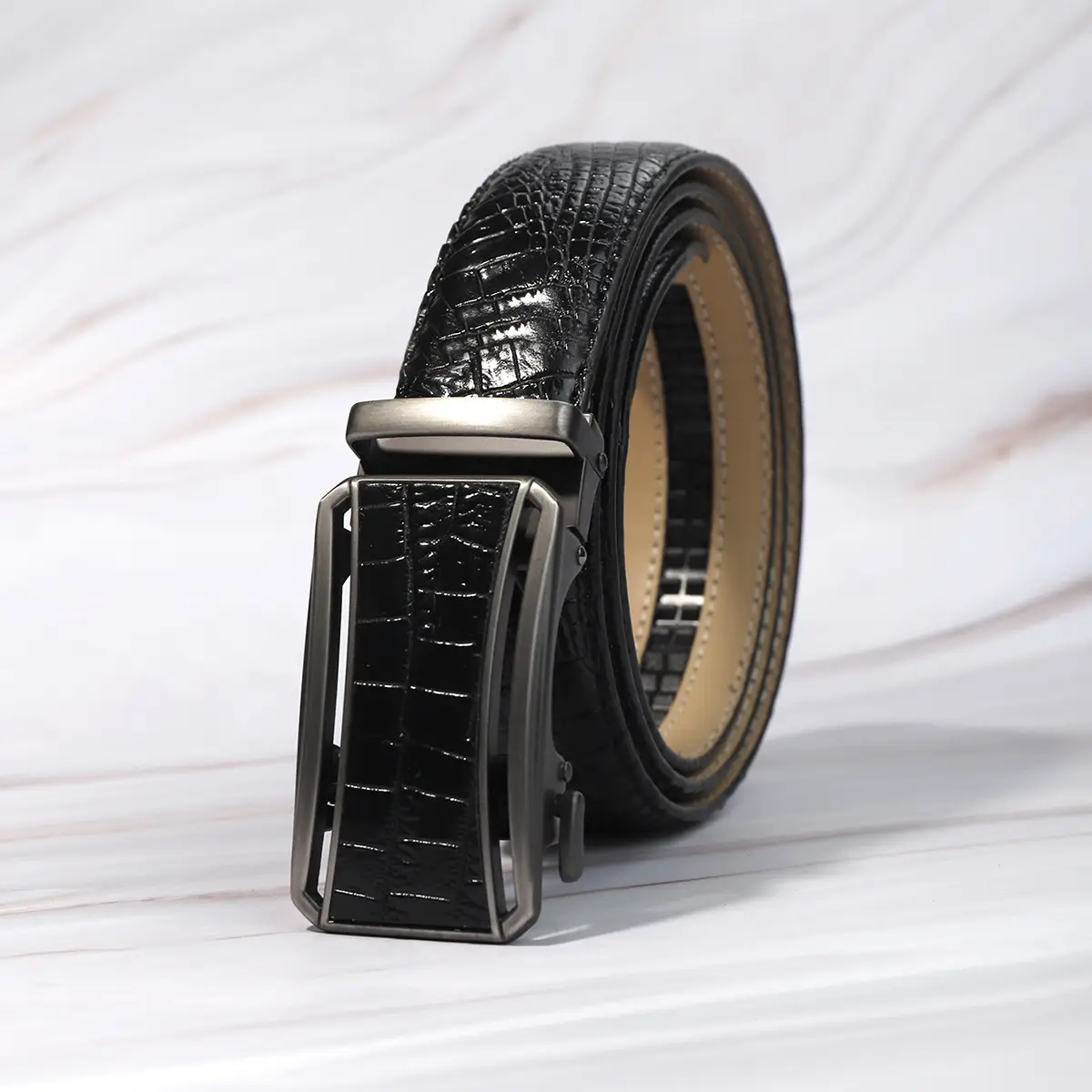 Men's Crocodile Belt with Automatic Buckle Brown - Image 9