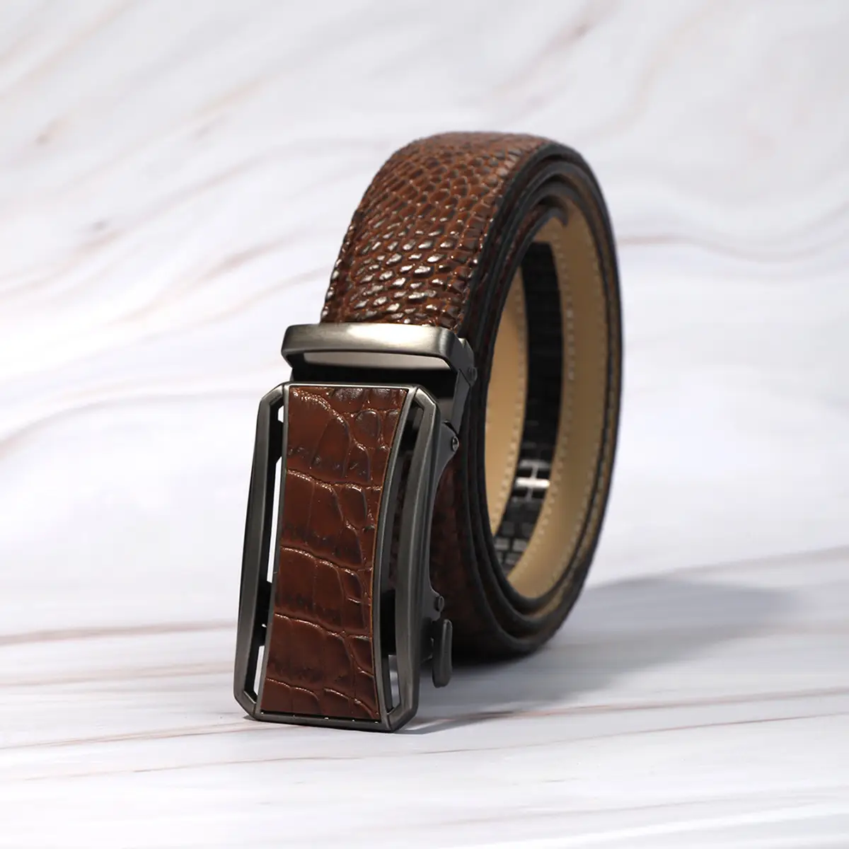 Men's Crocodile Belt with Automatic Buckle Brown - Image 2