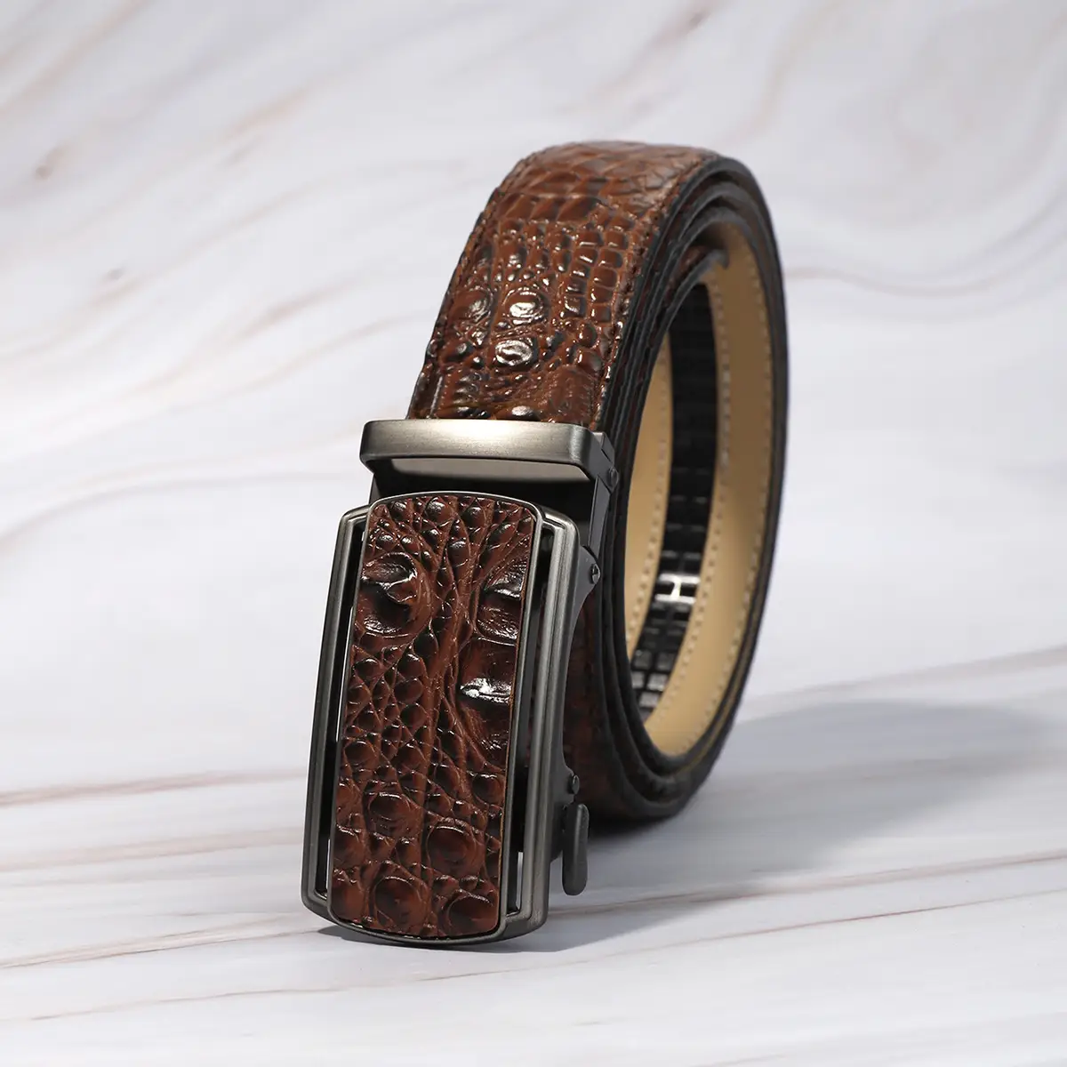 Men's Crocodile Belt with Automatic Buckle Brown - Image 4