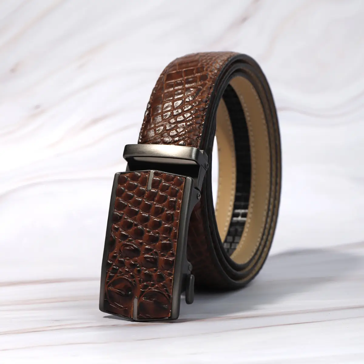 Men's Crocodile Belt with Automatic Buckle Brown - Image 6