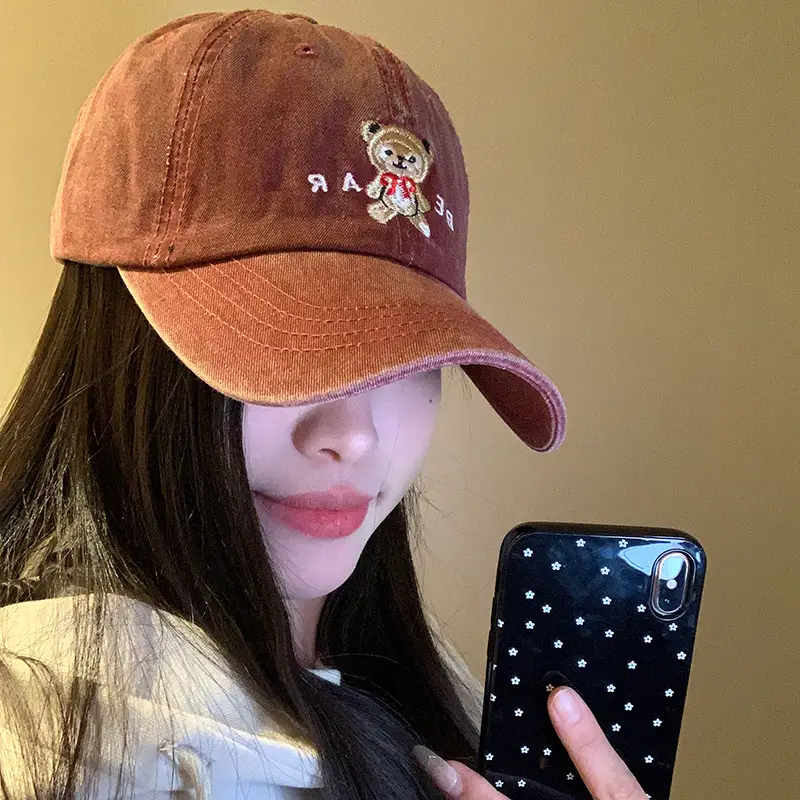 Women's Bear Embroidered Wash Denim Cap - Image 5