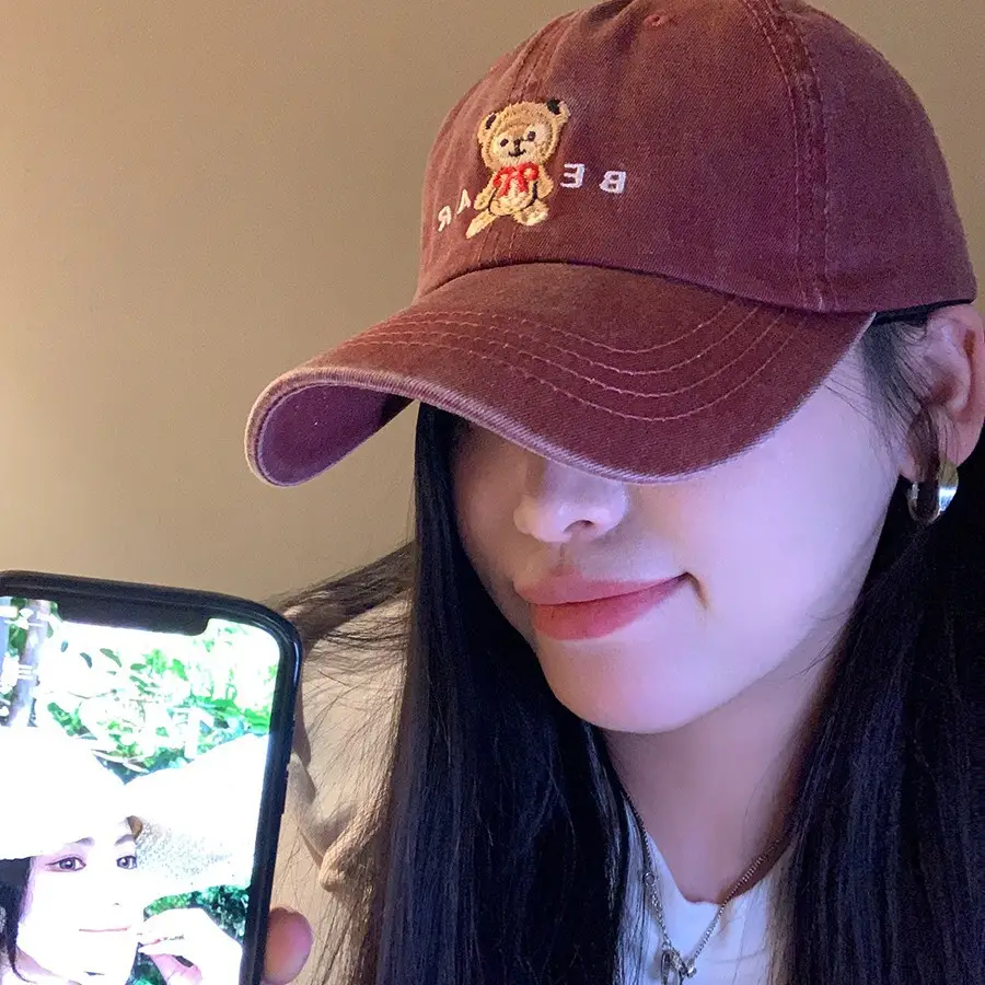 Women's Bear Embroidered Wash Denim Cap - Image 6