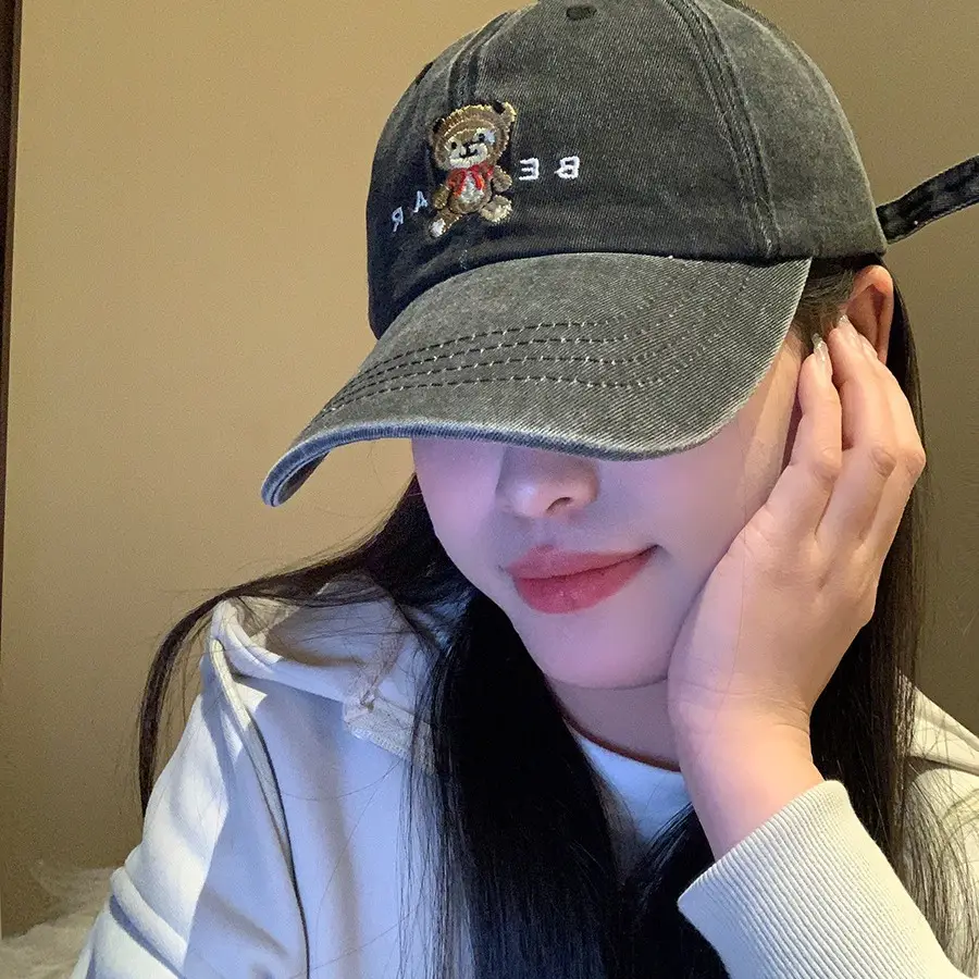 Women's Bear Embroidered Wash Denim Cap - Image 7