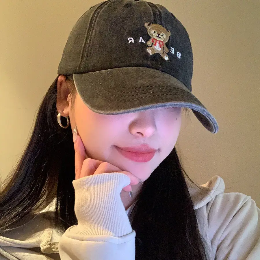 Women's Bear Embroidered Wash Denim Cap - Image 8
