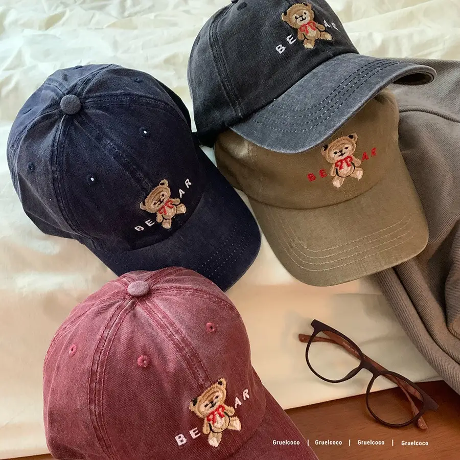 Women's Bear Embroidered Wash Denim Cap - Image 9