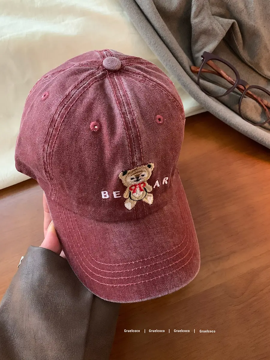 Women's Bear Embroidered Wash Denim Cap - Image 2