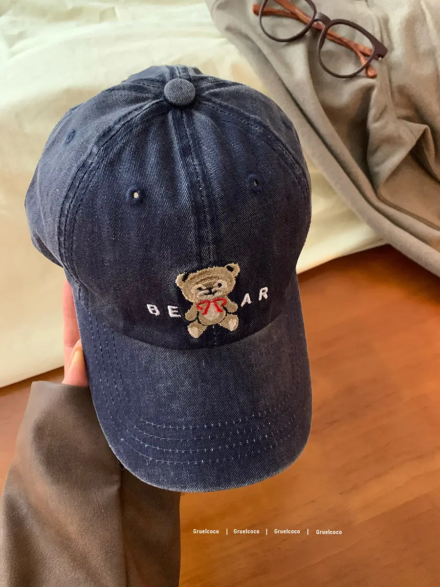 Women's Bear Embroidered Wash Denim Cap - Image 3