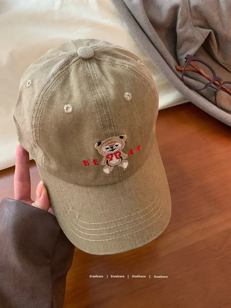 Women's Bear Embroidered Wash Denim Cap - Image 4
