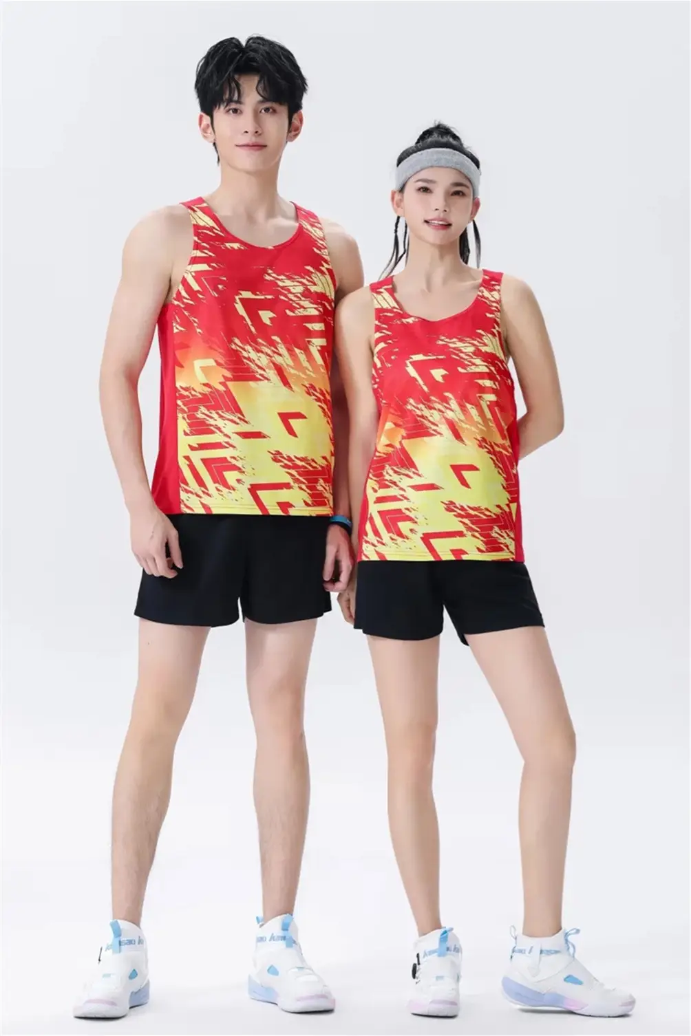 Men Women Track Suit Red Orange Shorts Set