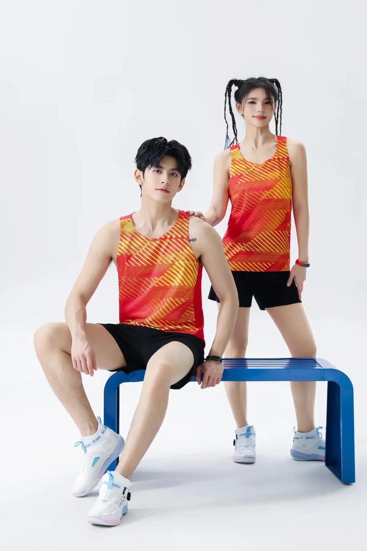 Men Women Track Suit Red Orange Shorts Set