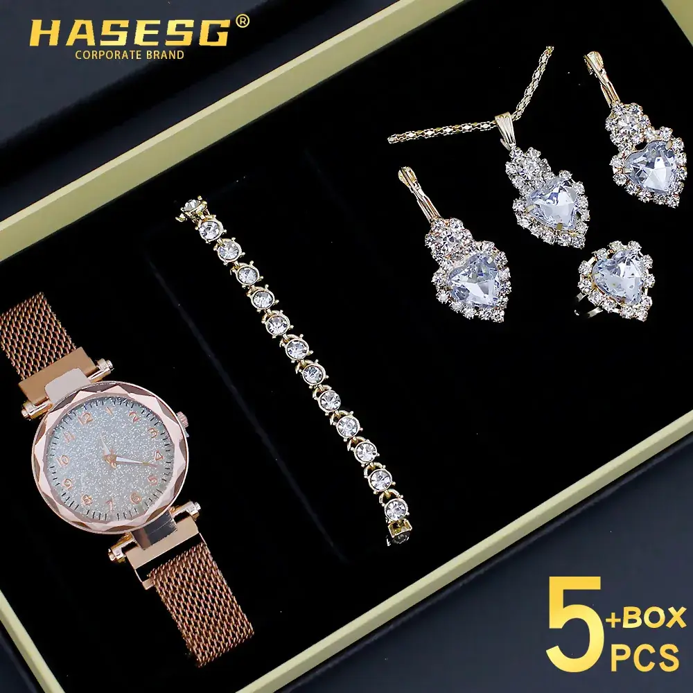 Cross-Bracelet Luminous Crystal Women's Watch Set 5PCS