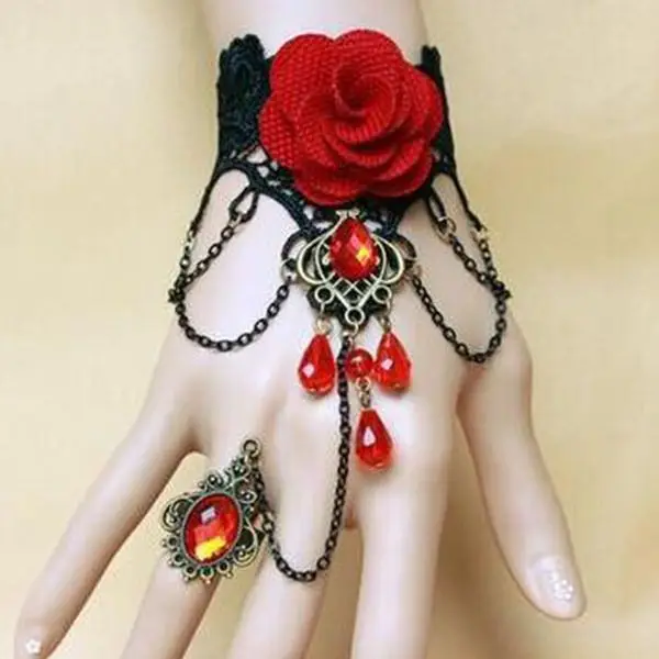 Vintage Gothic Punk Red Rose Lace Bracelet - Image 2